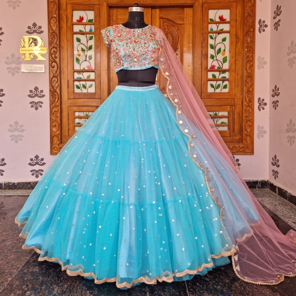 3-Piece Blue and Pink Lehenga Set